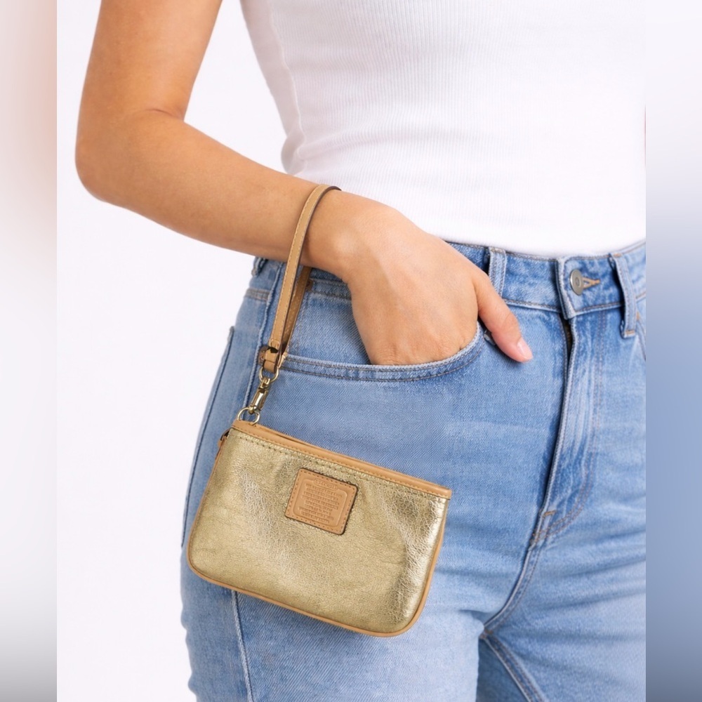 COACH Gold Metallic Wristlet with Tan Trim